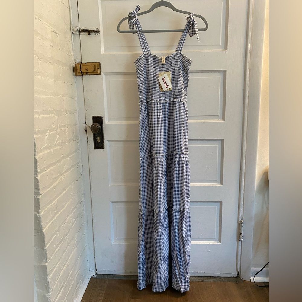 T.J.Maxx Blue and White Gingham Tie-Shoulder Maxi Dress